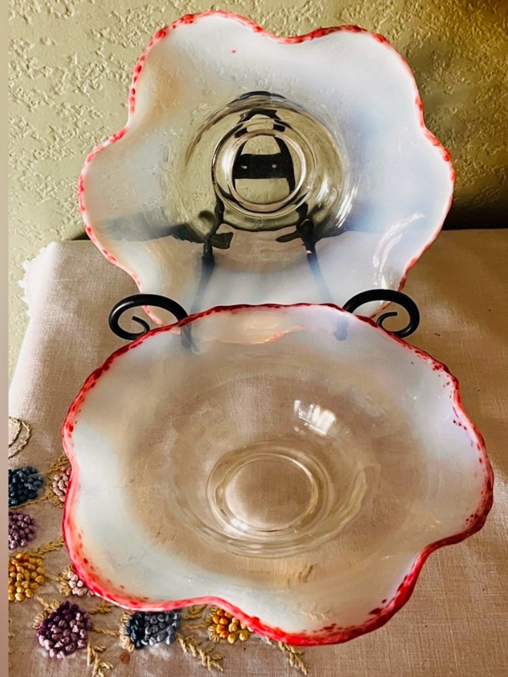 Pair Antique Cranberry Frit Moonstone Paneled Bowl Jefferson Glass Fancy Fantail